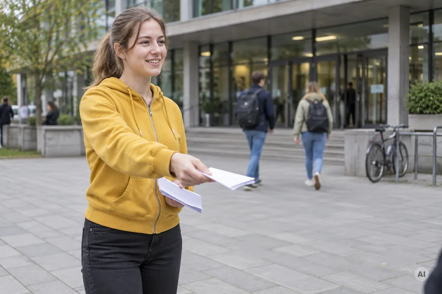Studentin verteilt auf dem Campus vor einem Hörsaalgebäude Flyer an Passanten