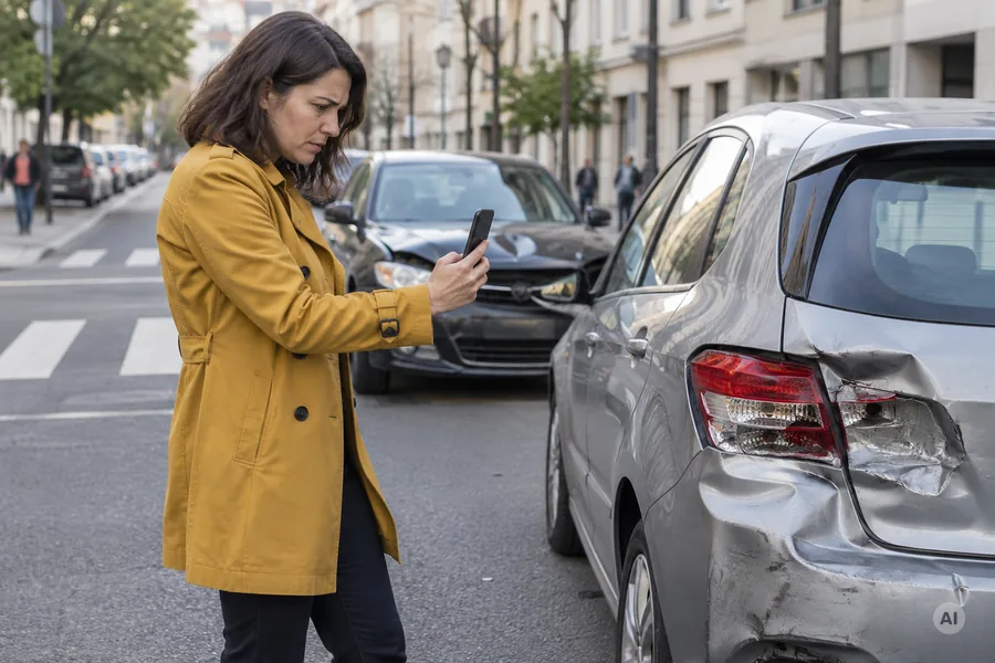 Frau im gelben Mantel fotografiert mit dem Smartphone das beschädigte Heck ihres Autos nach einem Auffahrunfall in der Stadt.