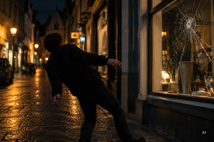 Eine Person taumelt nachts rückwärts neben einem Schaufenster, dessen Glas einen frischen Sprung zeigt
