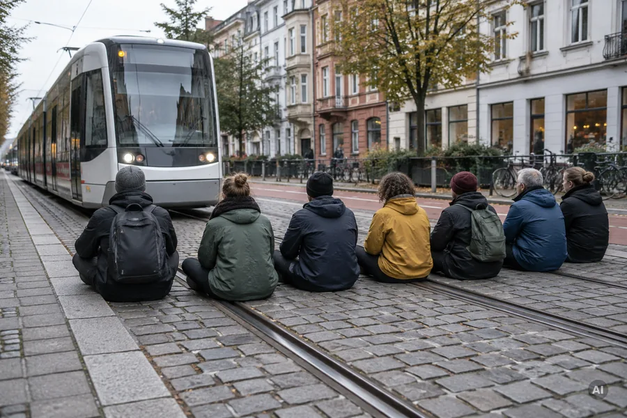 Mehrere Menschen sitzen in einer Reihe auf Straßenbahnschienen, davor hält eine Straßenbahn