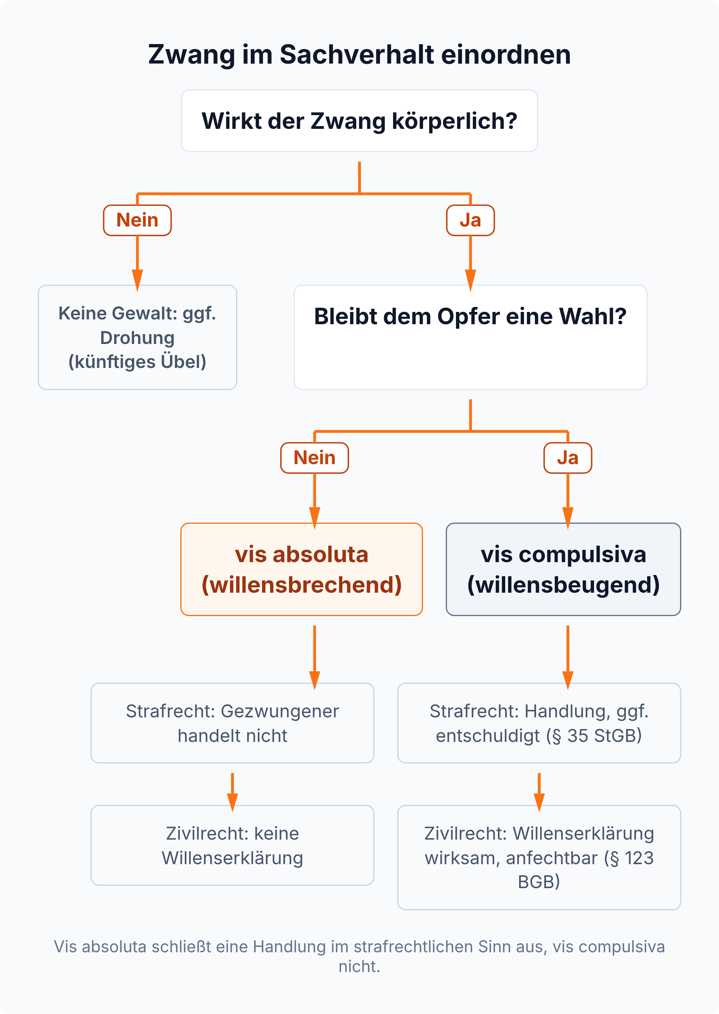 Entscheidungsbaum: Wirkt der Zwang nicht körperlich, liegt keine Gewalt vor; bleibt dem Opfer keine Wahl, ist es vis absoluta, sonst vis compulsiva, jeweils mit den Folgen im Straf- und Zivilrecht