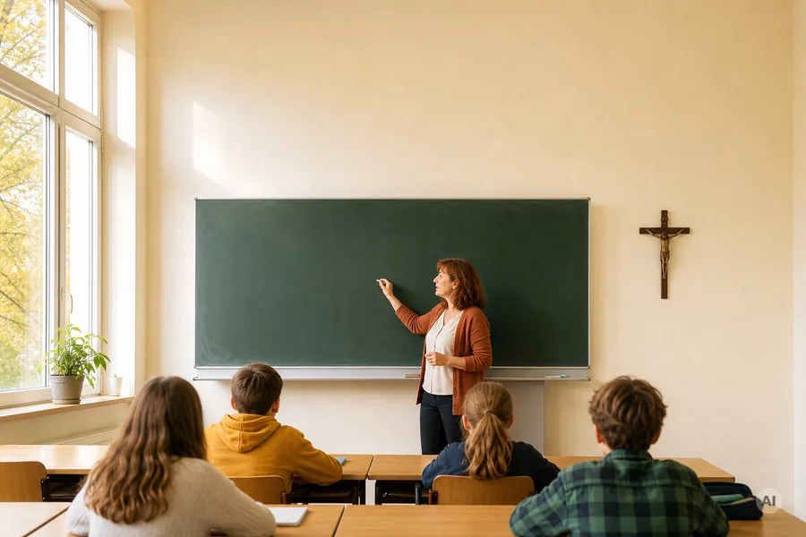 Klassenzimmer einer deutschen Schule mit Kruzifix an der Wand neben der Tafel, Lehrerin schreibt, Schüler sitzen an den Bänken
