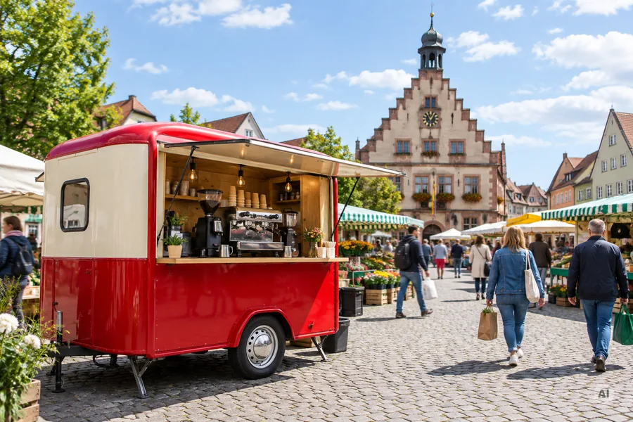 Mobiler Kaffeewagen auf einem Marktplatz vor einem historischen Rathaus