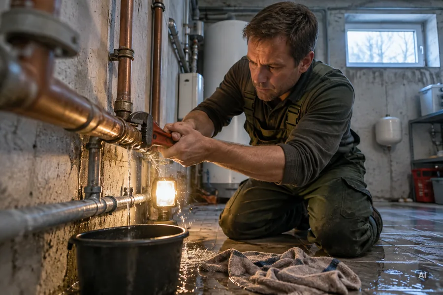 Ein Handwerker repariert kniend mit einer Rohrzange ein tropfendes Rohr im Keller.