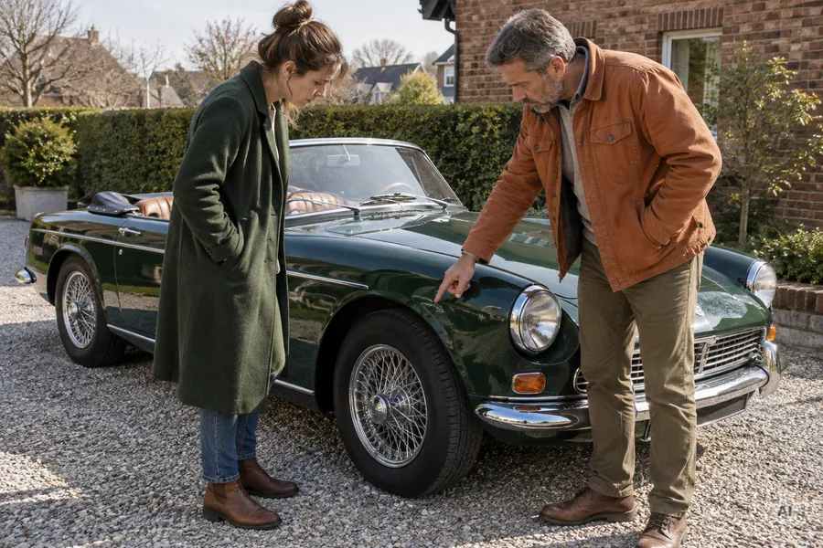 Ein Mann und eine Frau begutachten gemeinsam einen grünen Oldtimer in einer Einfahrt.