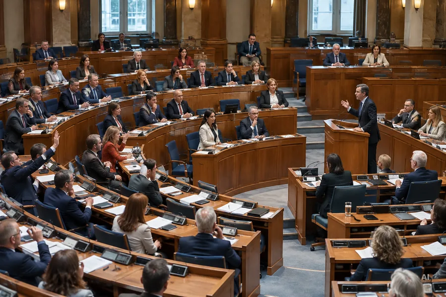 Plenarsaal eines Parlaments, ein Abgeordneter spricht am Rednerpult vor den Sitzreihen