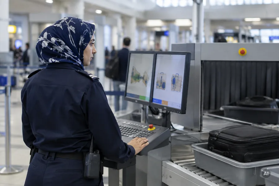 Sicherheitsmitarbeiterin mit Kopftuch kontrolliert Gepäck am Röntgenscanner im Flughafen