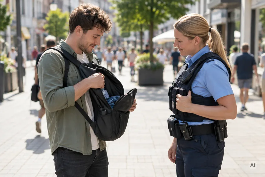 Junger Mann zeigt einer Polizistin in einer belebten Fußgängerzone seinen geöffneten Rucksack