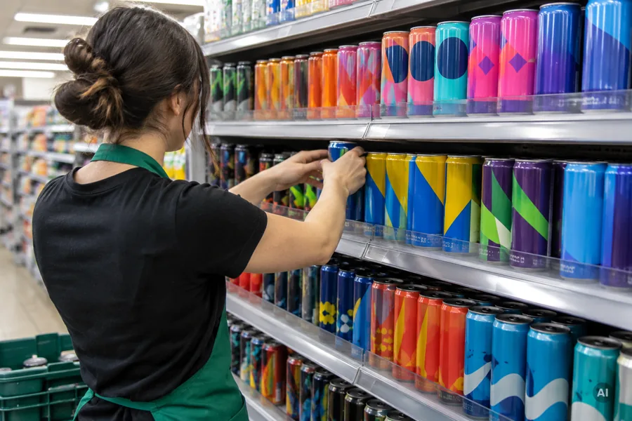 Mitarbeiterin räumt Energydrink-Dosen in einem Supermarktregal