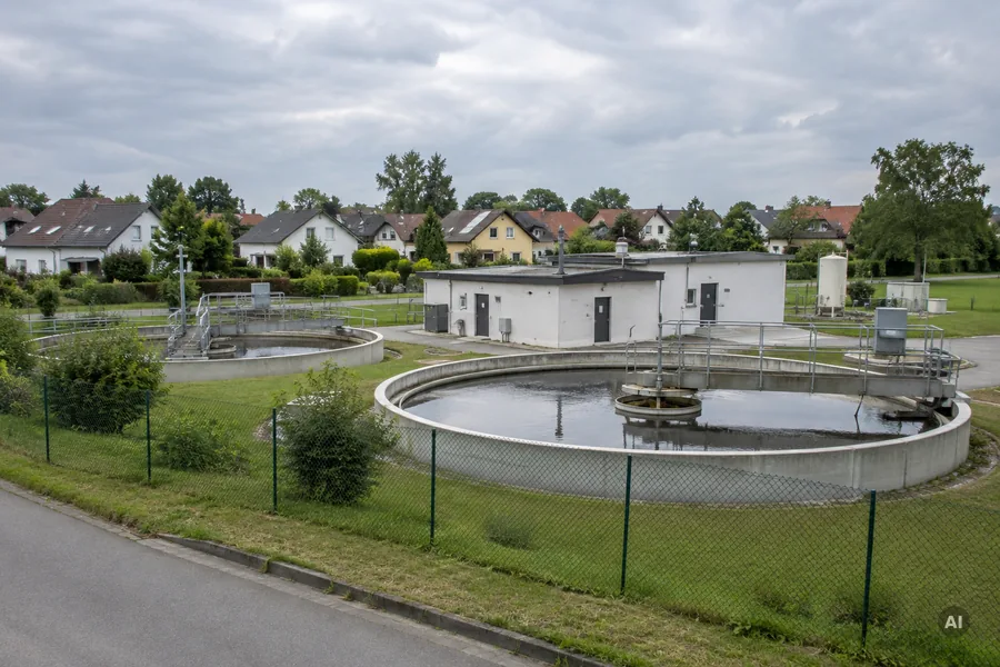 Kläranlage mit runden Klärbecken unmittelbar neben den Wohnhäusern einer Siedlung