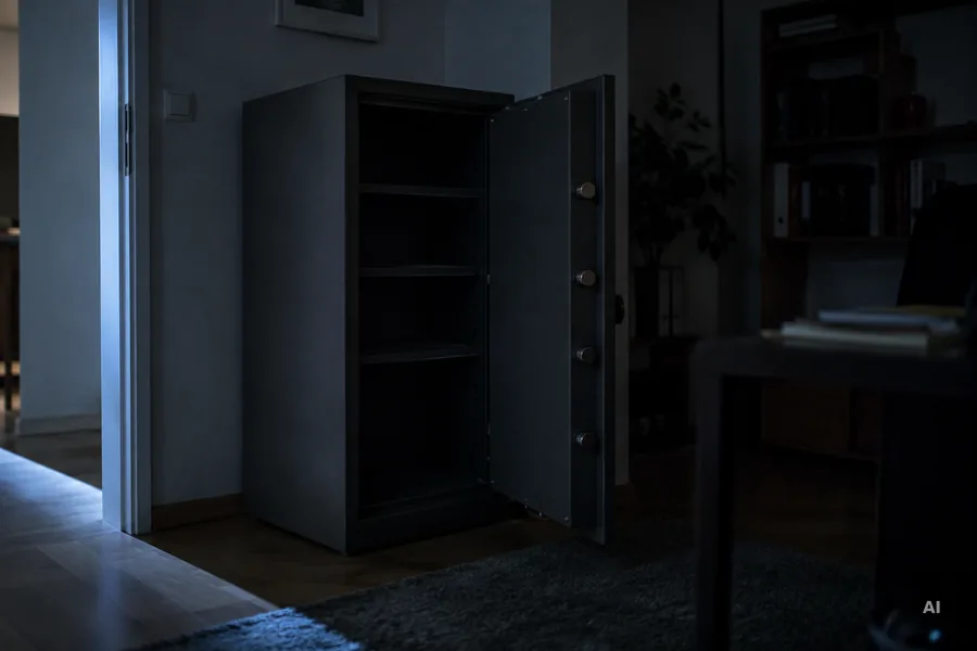 Offener Standtresor mit leeren Fächern in einem abgedunkelten Raum