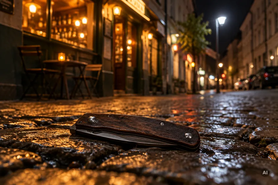 Zugeklapptes Taschenmesser liegt auf nassem Kopfsteinpflaster vor einer nächtlich beleuchteten Bar