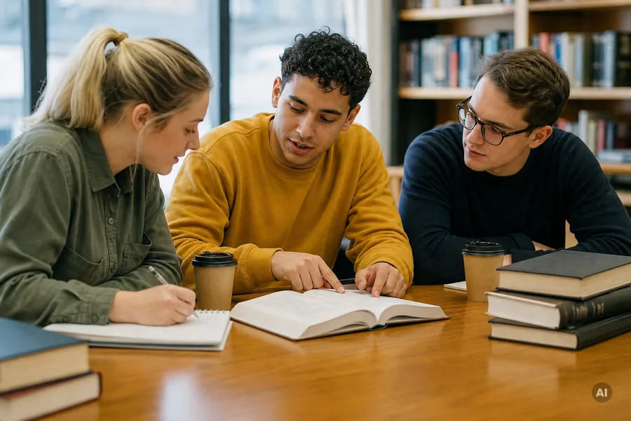 Eine Lerngruppe von drei Jurastudierenden sitzt an einem Bibliothekstisch, einer erklärt am aufgeschlagenen Gesetzbuch, die anderen beiden hören zu