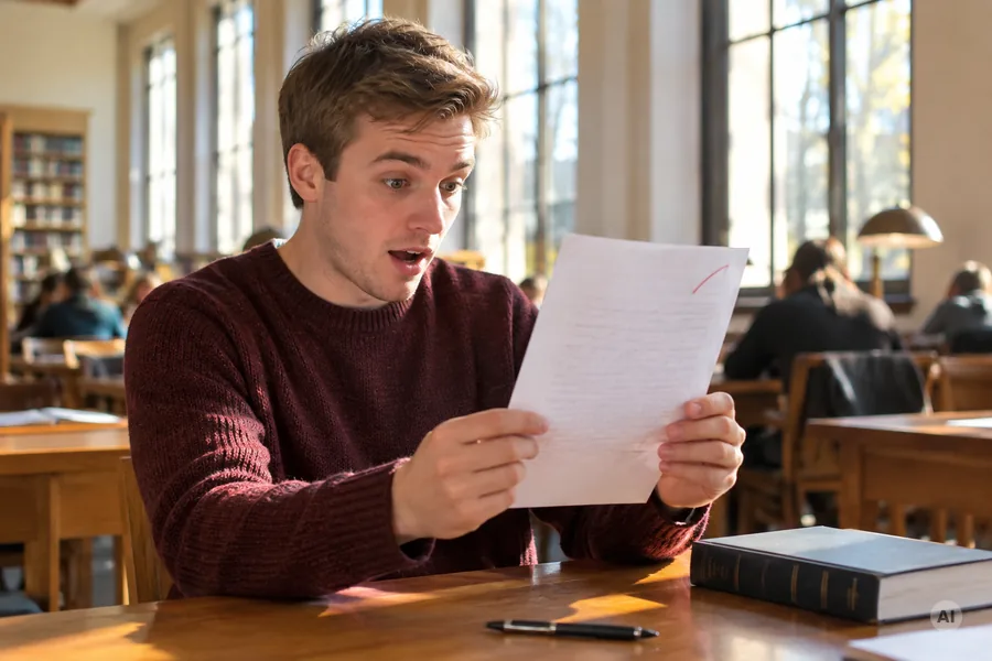 Ein Jurastudent sitzt in einem Bibliotheks-Lesesaal und schaut überrascht auf ein Blatt Papier, das er in beiden Händen hält