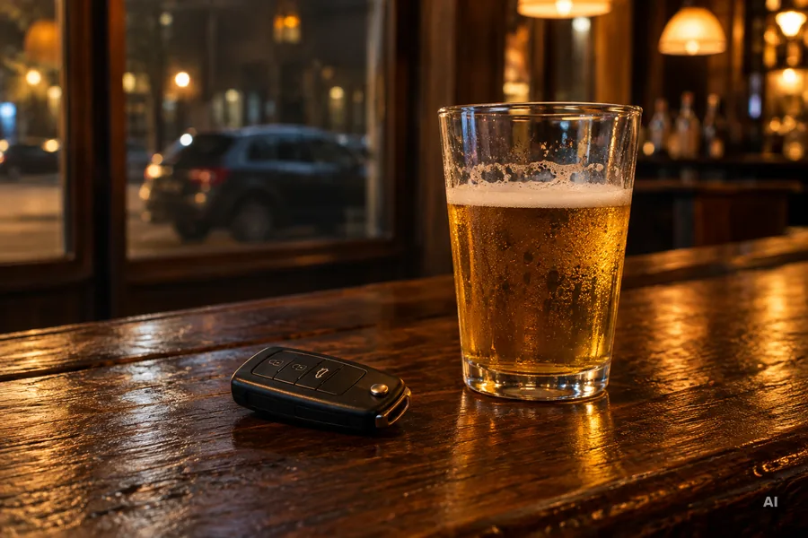 Autoschlüssel liegt neben einem Bierglas auf einem Tresen, nachts, ein Auto verschwommen im Hintergrund