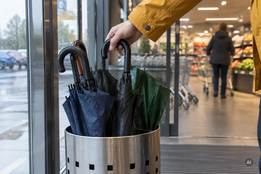 Eine Hand nimmt einen Regenschirm aus einem Schirmständer am Eingang eines Supermarkts
