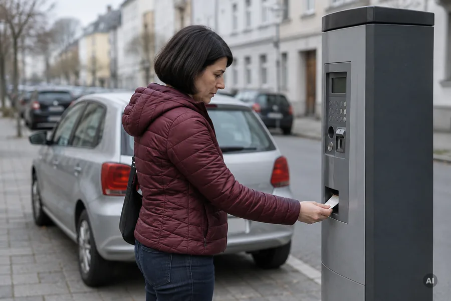 Frau zieht an einem Parkscheinautomaten in einer deutschen Innenstadt einen Parkschein