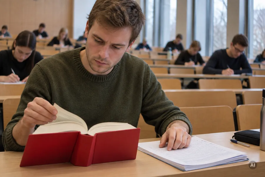 Ein Student blättert in einem roten Gesetzbuch, im Hintergrund schreiben weitere Studierende an ihren Klausuren