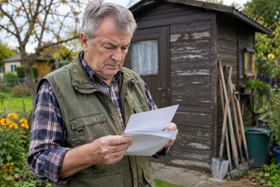 Mann liest vor einer Holz-Gartenhütte im Kleingarten ein amtliches Schreiben