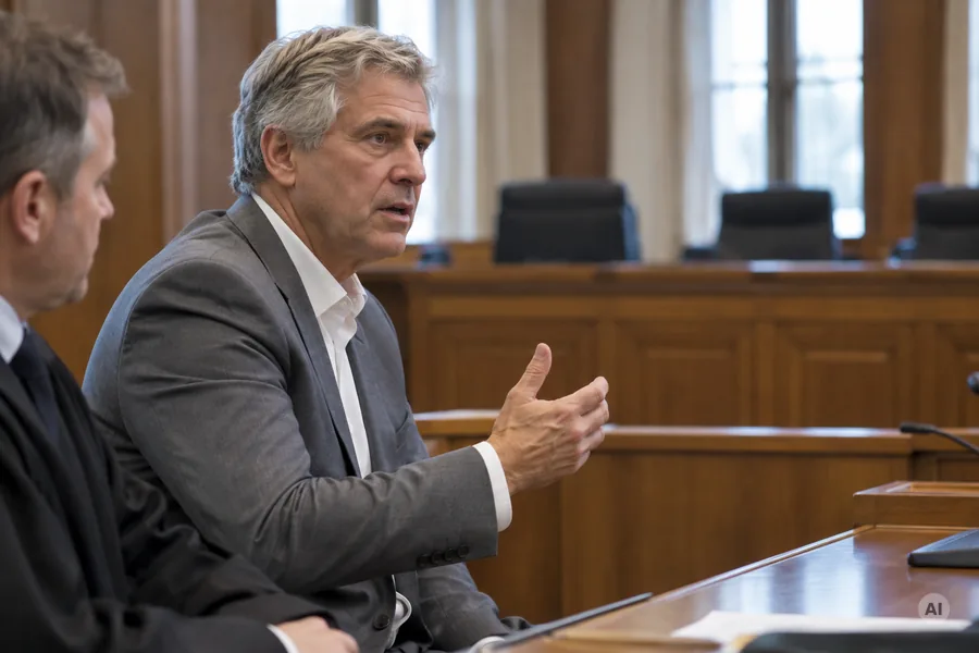 Ein Angeklagter macht im Gerichtssaal auf der Anklagebank gestikulierend eine Aussage