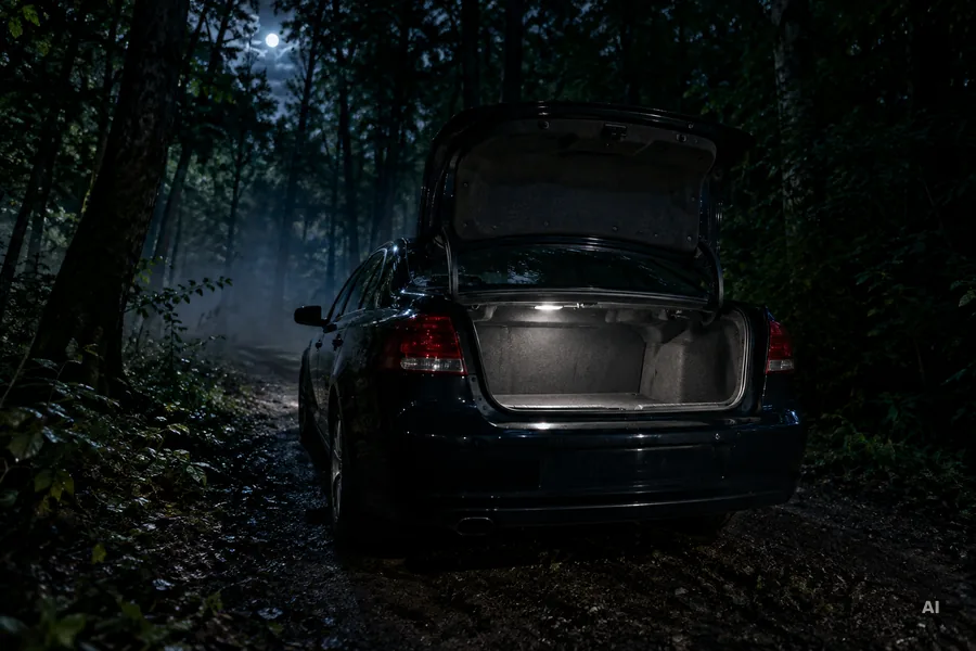 Geöffneter, leerer Kofferraum eines Autos auf einem dunklen Waldweg bei Nacht