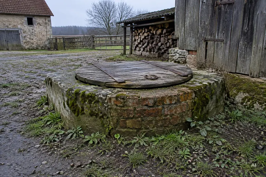 Abgedeckte, gemauerte Jauchegrube in der Ecke eines alten Bauernhofs bei trübem Abendlicht