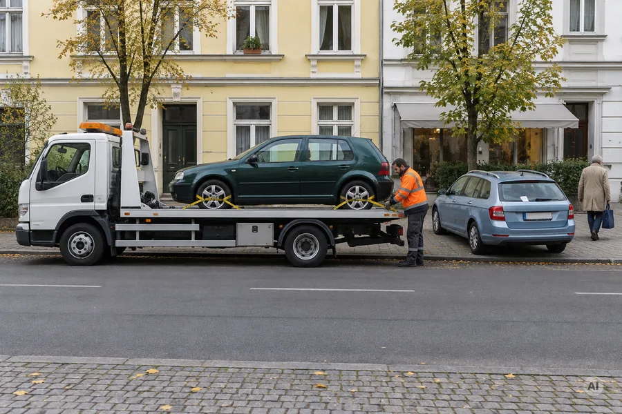 Abschleppwagen mit einem fertig verladenen dunkelgrünen Kleinwagen am Straßenrand, dahinter ein auf dem Gehweg geparkter hellblauer Kombi mit Zettel am Scheibenwischer