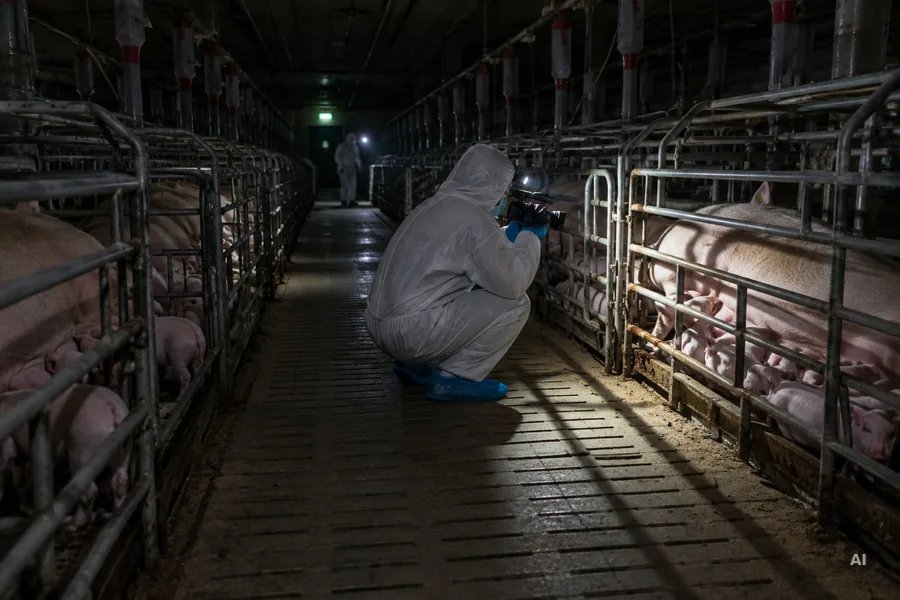 Person im weißen Schutzanzug filmt nachts in einem Schweinestall Sauen in Kastenständen