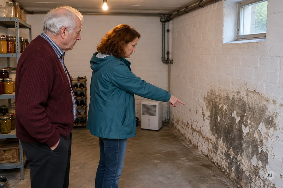 Kaufinteressentin zeigt bei einer Hausbesichtigung im Keller auf einen großen Feuchtigkeitsfleck, der Verkäufer steht daneben