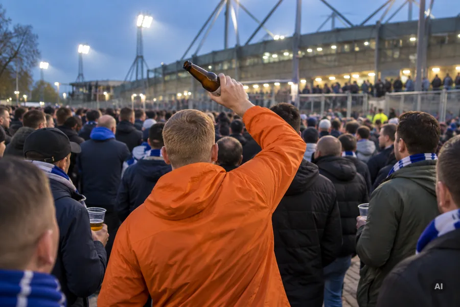 Fan in oranger Jacke holt auf dem Stadionvorplatz mitten in der dichten Menge mit einer Glasflasche aus