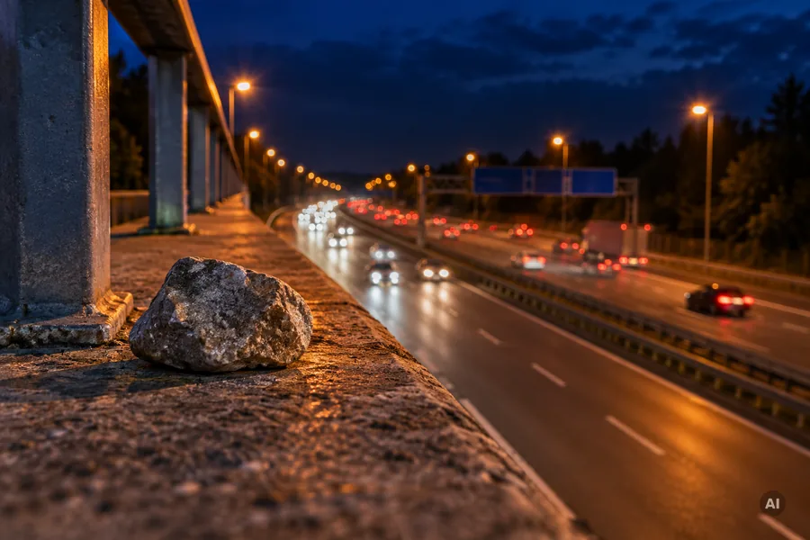 Ein Stein liegt nachts auf der Brüstung einer Autobahnbrücke, darunter fahren Autos mit Scheinwerferlicht