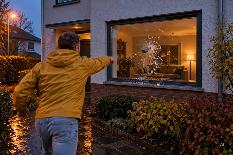 Mann in gelber Regenjacke wirft in der Abenddämmerung einen Pflasterstein in das Wohnzimmerfenster eines Hauses, die Scheibe zersplittert