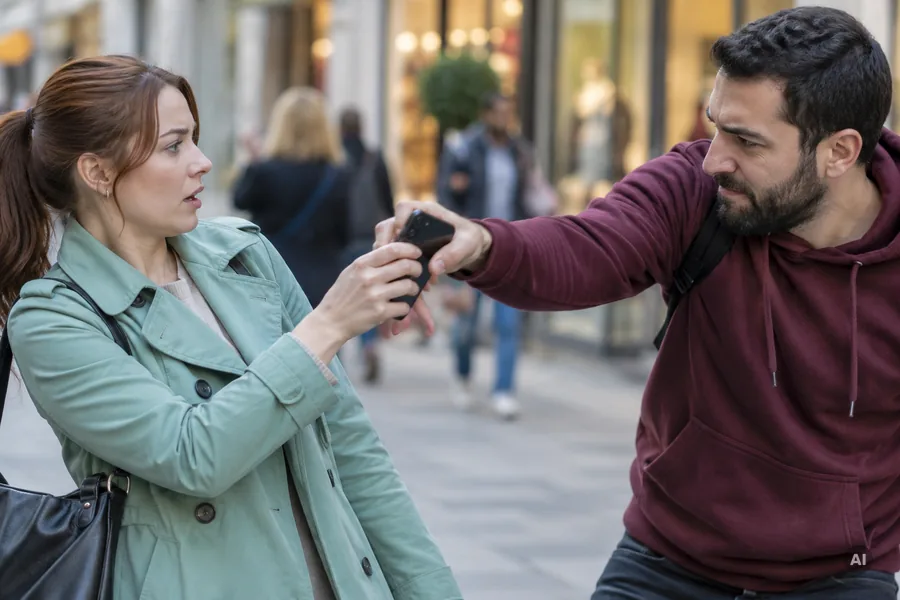 Mann in weinrotem Kapuzenpullover reißt einer jungen Frau in einer Fußgängerzone das Smartphone aus der Hand
