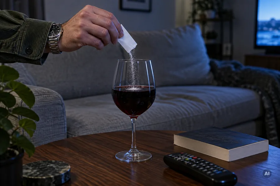 Hand schüttet heimlich weißes Pulver aus einem Papierbriefchen in ein Glas Rotwein auf dem Wohnzimmertisch
