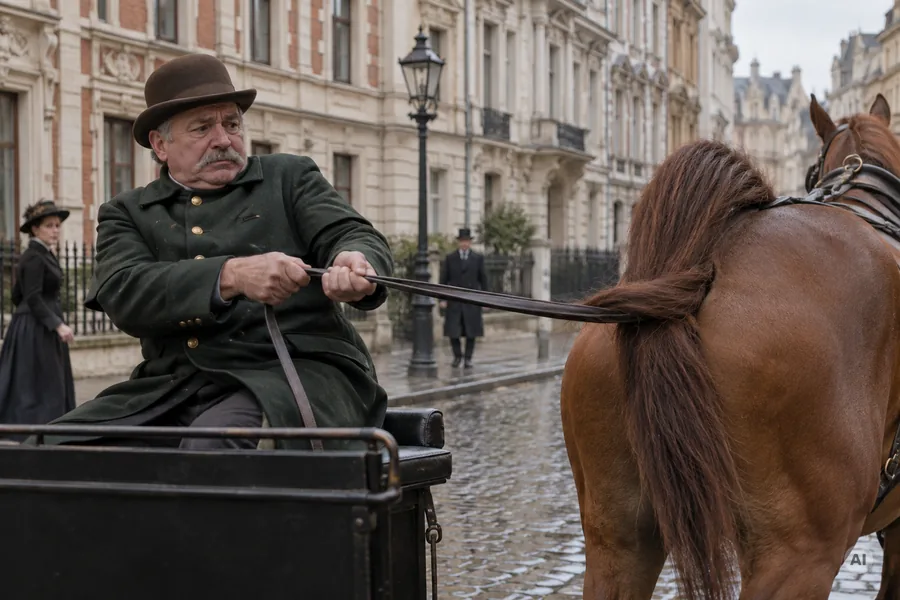 Kutscher um 1900 zieht mit beiden Händen an der Leine, die das Pferd mit dem Schweif eingeklemmt hat, auf nasser Pflasterstraße