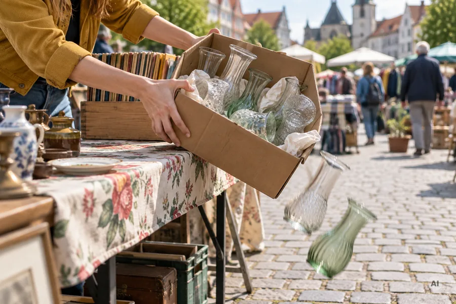 Hände schieben auf dem Flohmarkt einen Karton mit Glasvasen über die Tischkante, zwei Vasen fallen, dahinter eine Kiste mit Comics