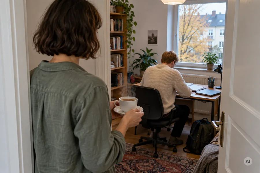 Eine junge Frau trägt eine Tasse Tee durch die offene Tür in ein Zimmer, in dem ein junger Mann am Schreibtisch sitzt