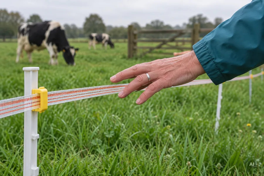 Eine Hand greift auf einer Kuhweide nach dem orange-weißen Band eines Elektro-Weidezauns, im Hintergrund grasen Kühe