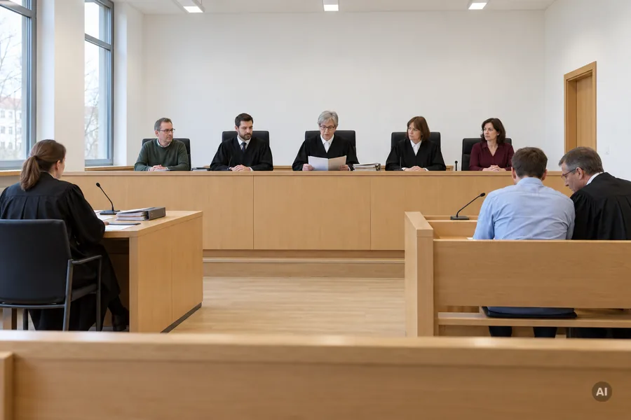 Strafverhandlung in einem schlichten Gerichtssaal: Richterbank mit Berufsrichtern und Schöffen, links die Staatsanwältin, rechts der Angeklagte mit seinem Verteidiger