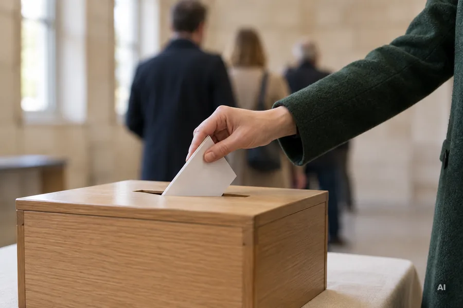 Eine Hand steckt einen gefalteten Stimmzettel in eine hölzerne Wahlurne, im Hintergrund warten Menschen
