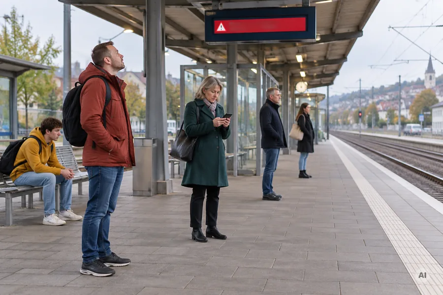 Pendler warten auf einem überdachten Bahnsteig, über ihnen zeigt die Anzeigetafel einen roten Warnhinweis, ein Mann im roten Parka blickt hinauf