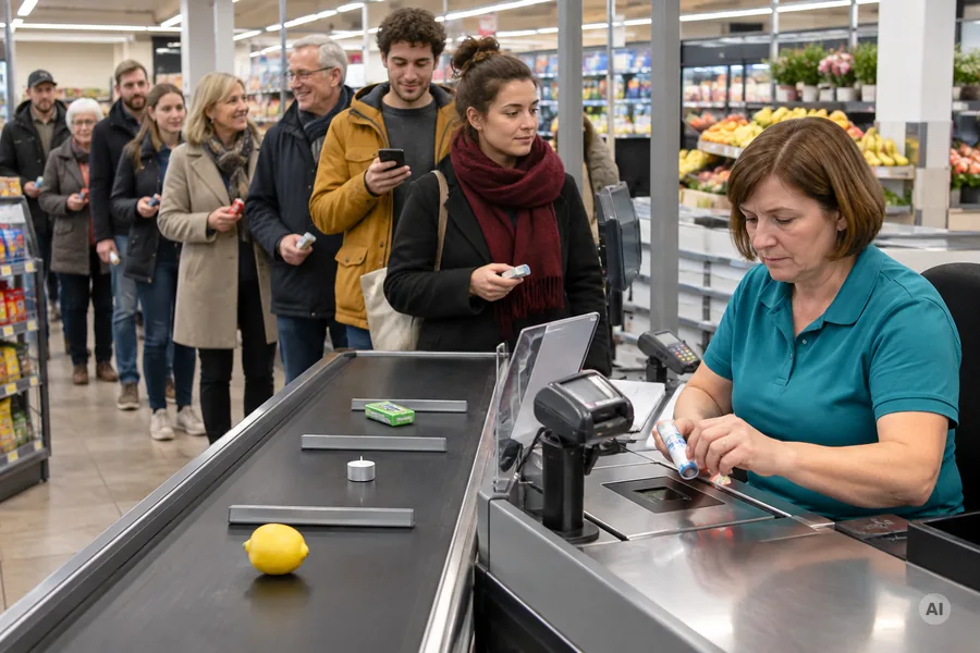 Supermarktkasse mit schwarzem Förderband, auf dem nur eine Zitrone, ein Teelicht und eine Kaugummipackung liegen, dahinter eine lange Schlange mit je einem Kleinstartikel in der Hand