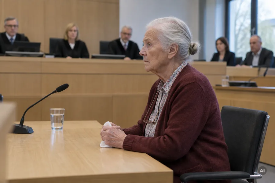 Hochbetagte Zeugin mit weißem Haar sitzt angespannt am Zeugentisch und hält ein Taschentuch, im Hintergrund die Strafkammer an der Richterbank