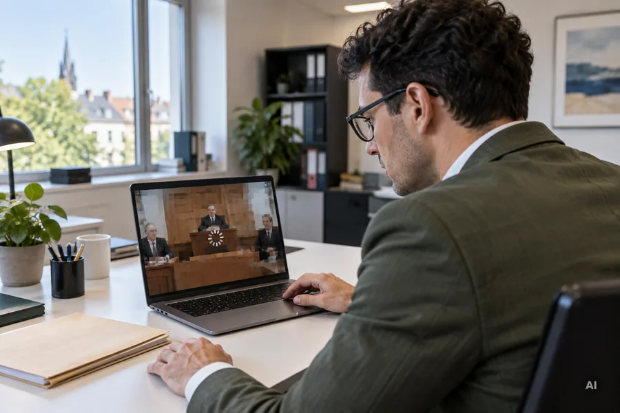 Ein Anwalt sitzt vor seinem Laptop, auf dem Bildschirm hängt die Videoübertragung aus dem Gerichtssaal mit einem Ladekreis fest