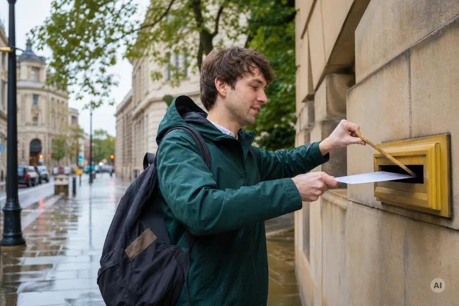 Student wirft einen großen Umschlag in den Briefkasten eines Amtsgebäudes