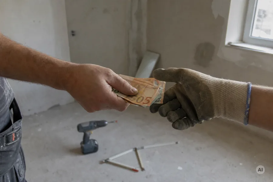 Eine Hand reicht einer behandschuhten Hand Geldscheine in einem unverputzten Rohbau, am Boden liegen Akkuschrauber und Zollstock