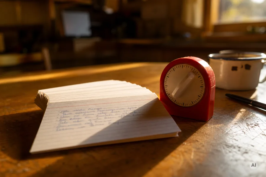 Stapel handgeschriebener Karteikarten neben einem roten Küchentimer auf einem Holztisch
