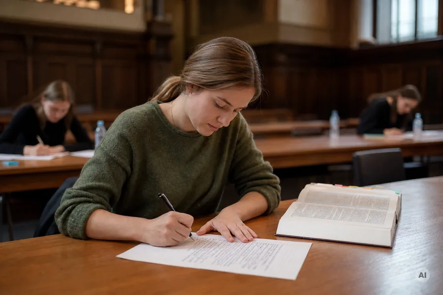 Studentin schreibt in einer Klausur mit der Hand, daneben ein aufgeschlagener Gesetzestext