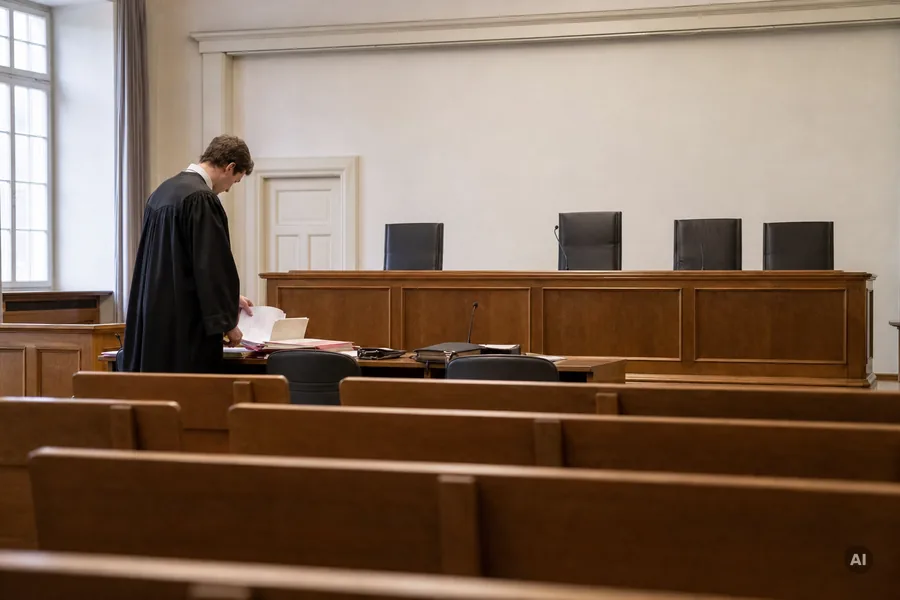 Blick von den leeren Zuschauerbänken auf einen Anwalt in Robe, der am Verteidigertisch seine Unterlagen sortiert