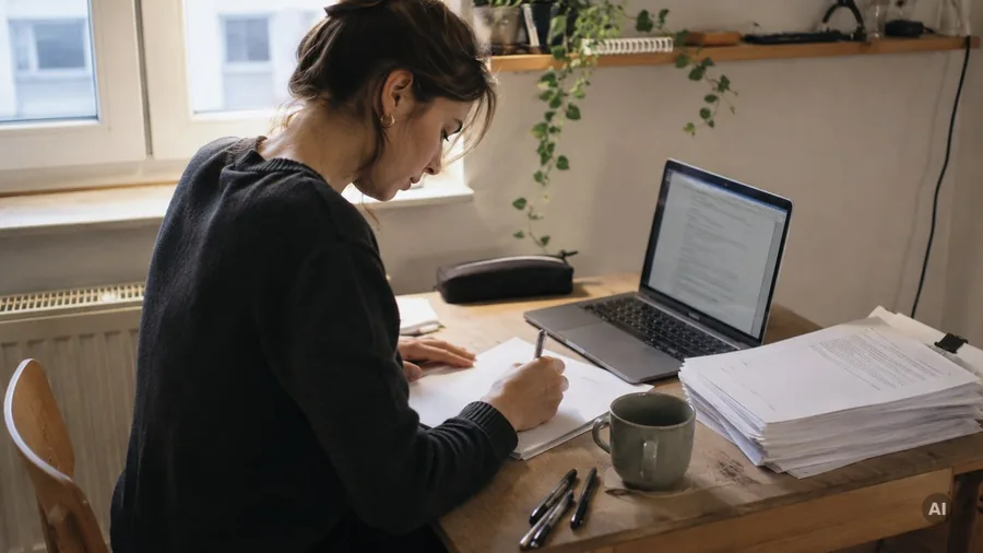 Studentin arbeitet am Schreibtisch am Fenster neben Laptop und einem Stapel Papier